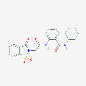 molecular formula C22H23N3O5S B426543 N-cyclohexyl-2-[[2-(1,1,3-trioxo-1,2-benzothiazol-2-yl)acetyl]amino]benzamide CAS No. 577770-67-3