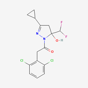 molecular formula C15H14Cl2F2N2O2 B4265598 3-cyclopropyl-1-[(2,6-dichlorophenyl)acetyl]-5-(difluoromethyl)-4,5-dihydro-1H-pyrazol-5-ol CAS No. 438221-58-0