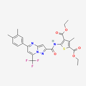 molecular formula C27H25F3N4O5S B4265685 diethyl 5-({[5-(3,4-dimethylphenyl)-7-(trifluoromethyl)pyrazolo[1,5-a]pyrimidin-2-yl]carbonyl}amino)-3-methyl-2,4-thiophenedicarboxylate 