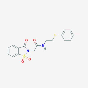 molecular formula C18H18N2O4S2 B426571 2-(1,1-dioxido-3-oxo-1,2-benzothiazol-2(3H)-yl)-N-{2-[(4-methylphenyl)sulfanyl]ethyl}acetamide 