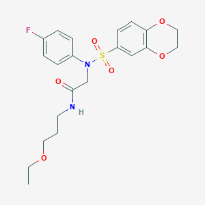 molecular formula C21H25FN2O6S B426578 2-[(2,3-dihydro-1,4-benzodioxin-6-ylsulfonyl)-4-fluoroanilino]-N-(3-ethoxypropyl)acetamide 