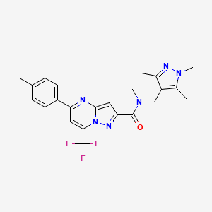 molecular formula C24H25F3N6O B4266150 5-(3,4-dimethylphenyl)-N-methyl-7-(trifluoromethyl)-N-[(1,3,5-trimethyl-1H-pyrazol-4-yl)methyl]pyrazolo[1,5-a]pyrimidine-2-carboxamide 