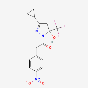 molecular formula C15H14F3N3O4 B4266260 3-cyclopropyl-1-[(4-nitrophenyl)acetyl]-5-(trifluoromethyl)-4,5-dihydro-1H-pyrazol-5-ol 