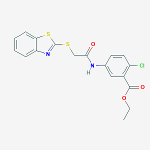 molecular formula C18H15ClN2O3S2 B426732 Ethyl 5-{[(1,3-benzothiazol-2-ylsulfanyl)acetyl]amino}-2-chlorobenzoate 