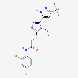 molecular formula C17H15Cl2F3N6OS B4267708 N-(2,4-dichlorophenyl)-2-({4-ethyl-5-[1-methyl-3-(trifluoromethyl)-1H-pyrazol-5-yl]-4H-1,2,4-triazol-3-yl}thio)acetamide 