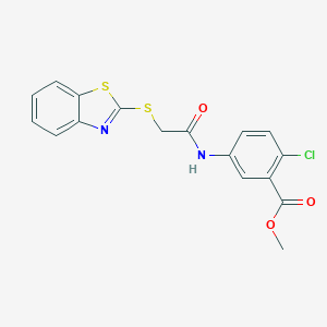 molecular formula C17H13ClN2O3S2 B426803 Methyl 5-{[(1,3-benzothiazol-2-ylsulfanyl)acetyl]amino}-2-chlorobenzoate 