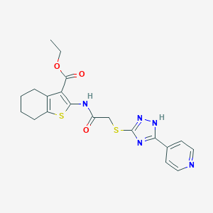 molecular formula C20H21N5O3S2 B426827 ethyl 2-[[2-[(5-pyridin-4-yl-1H-1,2,4-triazol-3-yl)sulfanyl]acetyl]amino]-4,5,6,7-tetrahydro-1-benzothiophene-3-carboxylate CAS No. 663211-82-3