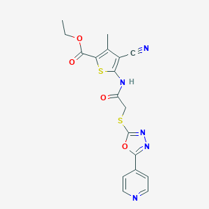 molecular formula C18H15N5O4S2 B426842 Ethyl4-cyano-3-methyl-5-[({[5-(4-pyridinyl)-1,3,4-oxadiazol-2-yl]thio}acetyl)amino]-2-thiophenecarboxylate 