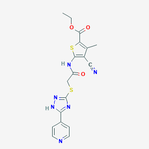 molecular formula C18H16N6O3S2 B426850 ethyl 4-cyano-3-methyl-5-[({[5-(4-pyridinyl)-4H-1,2,4-triazol-3-yl]thio}acetyl)amino]-2-thiophenecarboxylate 