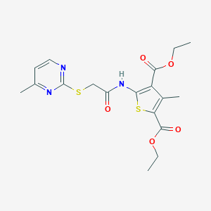 molecular formula C18H21N3O5S2 B426852 Diethyl3-methyl-5-({[(4-methyl-2-pyrimidinyl)thio]acetyl}amino)-2,4-thiophenedicarboxylate 