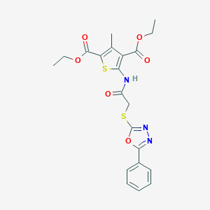 molecular formula C21H21N3O6S2 B426876 Diethyl3-methyl-5-({[(5-phenyl-1,3,4-oxadiazol-2-yl)thio]acetyl}amino)-2,4-thiophenedicarboxylate 