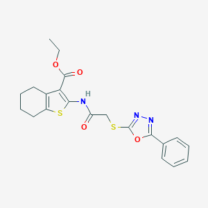 molecular formula C21H21N3O4S2 B426886 Ethyl 2-[[2-[(5-phenyl-1,3,4-oxadiazol-2-yl)sulfanyl]acetyl]amino]-4,5,6,7-tetrahydro-1-benzothiophene-3-carboxylate CAS No. 539805-60-2