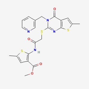molecular formula C22H20N4O4S3 B4268885 methyl 5-methyl-2-[({[6-methyl-4-oxo-3-(3-pyridinylmethyl)-3,4-dihydrothieno[2,3-d]pyrimidin-2-yl]thio}acetyl)amino]-3-thiophenecarboxylate 