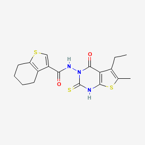 molecular formula C18H19N3O2S3 B4269196 N-(5-ethyl-2-mercapto-6-methyl-4-oxothieno[2,3-d]pyrimidin-3(4H)-yl)-4,5,6,7-tetrahydro-1-benzothiophene-3-carboxamide 