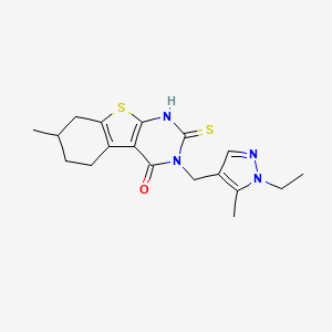 molecular formula C18H22N4OS2 B4269419 3-[(1-ethyl-5-methyl-1H-pyrazol-4-yl)methyl]-2-mercapto-7-methyl-5,6,7,8-tetrahydro[1]benzothieno[2,3-d]pyrimidin-4(3H)-one 