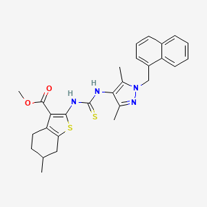 molecular formula C28H30N4O2S2 B4269765 methyl 2-[({[3,5-dimethyl-1-(1-naphthylmethyl)-1H-pyrazol-4-yl]amino}carbonothioyl)amino]-6-methyl-4,5,6,7-tetrahydro-1-benzothiophene-3-carboxylate 