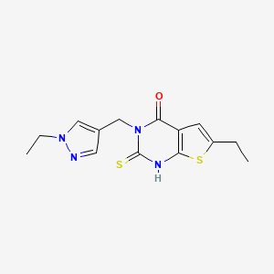 molecular formula C14H16N4OS2 B4270749 6-ethyl-3-[(1-ethyl-1H-pyrazol-4-yl)methyl]-2-mercaptothieno[2,3-d]pyrimidin-4(3H)-one 