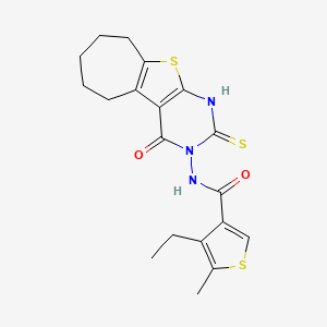 molecular formula C19H21N3O2S3 B4271072 4-ethyl-N-(2-mercapto-4-oxo-6,7,8,9-tetrahydro-4H-cyclohepta[4,5]thieno[2,3-d]pyrimidin-3(5H)-yl)-5-methyl-3-thiophenecarboxamide 