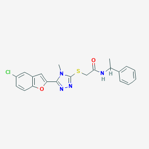 molecular formula C21H19ClN4O2S B427143 2-{[5-(5-chloro-1-benzofuran-2-yl)-4-methyl-4H-1,2,4-triazol-3-yl]sulfanyl}-N-(1-phenylethyl)acetamide 