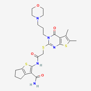 molecular formula C25H31N5O4S3 B4272212 2-{[({5,6-dimethyl-3-[3-(4-morpholinyl)propyl]-4-oxo-3,4-dihydrothieno[2,3-d]pyrimidin-2-yl}thio)acetyl]amino}-5,6-dihydro-4H-cyclopenta[b]thiophene-3-carboxamide 