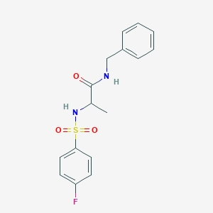molecular formula C16H17FN2O3S B427292 N-benzyl-2-{[(4-fluorophenyl)sulfonyl]amino}propanamide 