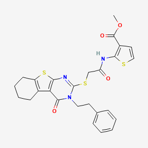 molecular formula C26H25N3O4S3 B4272967 methyl 2-[({[4-oxo-3-(2-phenylethyl)-3,4,5,6,7,8-hexahydro[1]benzothieno[2,3-d]pyrimidin-2-yl]thio}acetyl)amino]-3-thiophenecarboxylate 