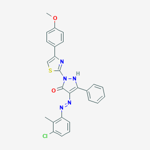 (4E)-4-[2-(3-chloro-2-methylphenyl)hydrazinylidene]-2-[4-(4-methoxyphenyl)-1,3-thiazol-2-yl]-5-phenyl-2,4-dihydro-3H-pyrazol-3-one