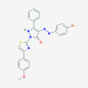 (4E)-4-[2-(4-bromophenyl)hydrazinylidene]-2-[4-(4-methoxyphenyl)-1,3-thiazol-2-yl]-5-phenyl-2,4-dihydro-3H-pyrazol-3-one