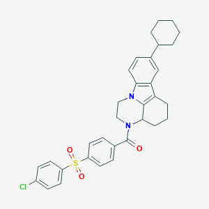 molecular formula C33H33ClN2O3S B427348 {4-[(4-chlorophenyl)sulfonyl]phenyl}(8-cyclohexyl-1,2,3a,4,5,6-hexahydro-3H-pyrazino[3,2,1-jk]carbazol-3-yl)methanone 