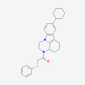molecular formula C28H32N2OS B427397 1-(12-Cyclohexyl-1,4-diazatetracyclo[7.6.1.05,16.010,15]hexadeca-9(16),10(15),11,13-tetraen-4-yl)-2-phenylsulfanylethanone CAS No. 352564-87-5