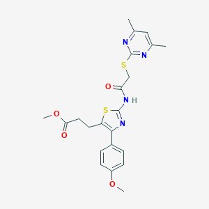 molecular formula C22H24N4O4S2 B427423 Methyl 3-[2-({[(4,6-dimethyl-2-pyrimidinyl)sulfanyl]acetyl}amino)-4-(4-methoxyphenyl)-1,3-thiazol-5-yl]propanoate 