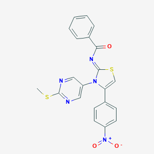 molecular formula C21H15N5O3S2 B427442 N-(4-{4-nitrophenyl}-3-[2-(methylsulfanyl)-5-pyrimidinyl]-1,3-thiazol-2(3H)-ylidene)benzamide 