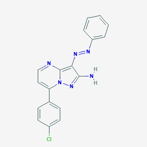 molecular formula C18H13ClN6 B427510 7-(4-Chlorophenyl)-3-(phenyldiazenyl)pyrazolo[1,5-a]pyrimidin-2-ylamine 