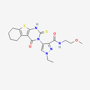 molecular formula C19H23N5O3S2 B4275429 1-ethyl-4-(2-mercapto-4-oxo-5,6,7,8-tetrahydro[1]benzothieno[2,3-d]pyrimidin-3(4H)-yl)-N-(2-methoxyethyl)-1H-pyrazole-3-carboxamide 