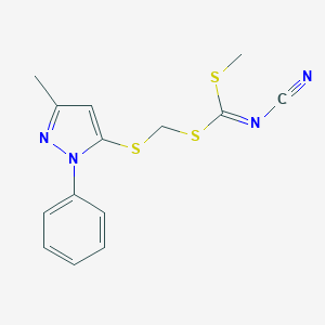 molecular formula C14H14N4S3 B427560 [(5-Methyl-2-phenylpyrazol-3-yl)sulfanylmethylsulfanyl-methylsulfanylmethylidene]cyanamide CAS No. 486997-64-2