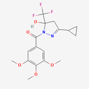 molecular formula C17H19F3N2O5 B4275804 [3-cyclopropyl-5-hydroxy-5-(trifluoromethyl)-4,5-dihydro-1H-pyrazol-1-yl](3,4,5-trimethoxyphenyl)methanone 