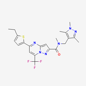 molecular formula C22H23F3N6OS B4276205 5-(5-ethyl-2-thienyl)-N-methyl-7-(trifluoromethyl)-N-[(1,3,5-trimethyl-1H-pyrazol-4-yl)methyl]pyrazolo[1,5-a]pyrimidine-2-carboxamide 