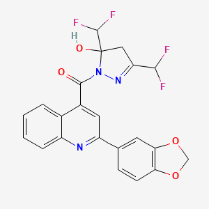 molecular formula C22H15F4N3O4 B4276243 [2-(1,3-benzodioxol-5-yl)quinolin-4-yl][3,5-bis(difluoromethyl)-5-hydroxy-4,5-dihydro-1H-pyrazol-1-yl]methanone 