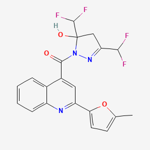 molecular formula C20H15F4N3O3 B4276245 [3,5-bis(difluoromethyl)-5-hydroxy-4,5-dihydro-1H-pyrazol-1-yl][2-(5-methylfuran-2-yl)quinolin-4-yl]methanone 