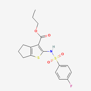 molecular formula C17H18FNO4S2 B4278621 propyl 2-{[(4-fluorophenyl)sulfonyl]amino}-5,6-dihydro-4H-cyclopenta[b]thiophene-3-carboxylate 