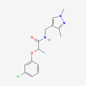 molecular formula C15H18ClN3O2 B4278666 2-(3-chlorophenoxy)-N-[(1,3-dimethyl-1H-pyrazol-4-yl)methyl]propanamide 