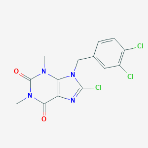molecular formula C14H11Cl3N4O2 B427916 8-chloro-9-(3,4-dichlorobenzyl)-1,3-dimethyl-3,9-dihydro-1H-purine-2,6-dione 