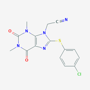 molecular formula C15H12ClN5O2S B427923 {8-[(4-chlorophenyl)sulfanyl]-1,3-dimethyl-2,6-dioxo-1,2,3,6-tetrahydro-9H-purin-9-yl}acetonitrile 