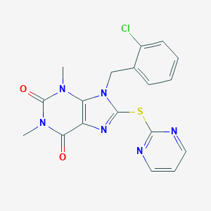 molecular formula C18H15ClN6O2S B427925 9-(2-chlorobenzyl)-1,3-dimethyl-8-(2-pyrimidinylsulfanyl)-3,9-dihydro-1H-purine-2,6-dione 
