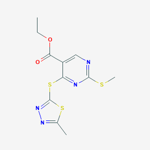 molecular formula C11H12N4O2S3 B427948 Ethyl 2-(methylsulfanyl)-4-[(5-methyl-1,3,4-thiadiazol-2-yl)sulfanyl]-5-pyrimidinecarboxylate 