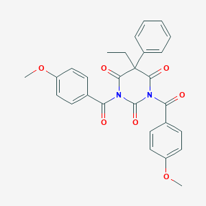 molecular formula C28H24N2O7 B427963 5-ethyl-1,3-bis(4-methoxybenzoyl)-5-phenyl-2,4,6(1H,3H,5H)-pyrimidinetrione 