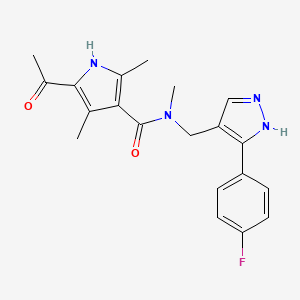 molecular formula C20H21FN4O2 B4279964 5-acetyl-N-{[5-(4-fluorophenyl)-1H-pyrazol-4-yl]methyl}-N,2,4-trimethyl-1H-pyrrole-3-carboxamide 