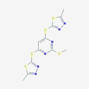 molecular formula C11H10N6S5 B428118 2-(Methylsulfanyl)-4,6-bis[(5-methyl-1,3,4-thiadiazol-2-yl)sulfanyl]pyrimidine 