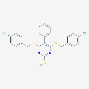 molecular formula C25H20Cl2N2S3 B428119 4,6-Bis[(4-chlorobenzyl)sulfanyl]-2-(methylsulfanyl)-5-phenylpyrimidine 