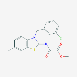 molecular formula C18H15ClN2O3S B428126 Methyl 2-[[3-[(3-chlorophenyl)methyl]-6-methyl-1,3-benzothiazol-2-ylidene]amino]-2-oxoacetate 